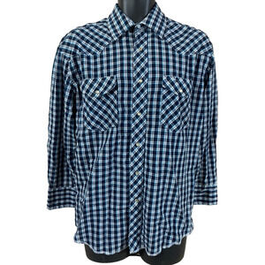 Wrangler Mens Western Shirt Size 15.5 X 33 Blue Plaid Pearl Snap Long sleeve